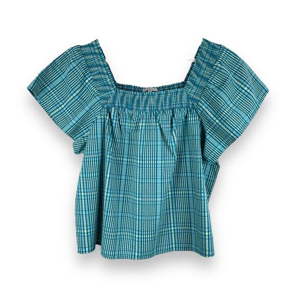 Rails Sonora Check Square Neck Cotton Blend Blouse Top Teal Blue Size XS NWOT - Picture 1 of 12